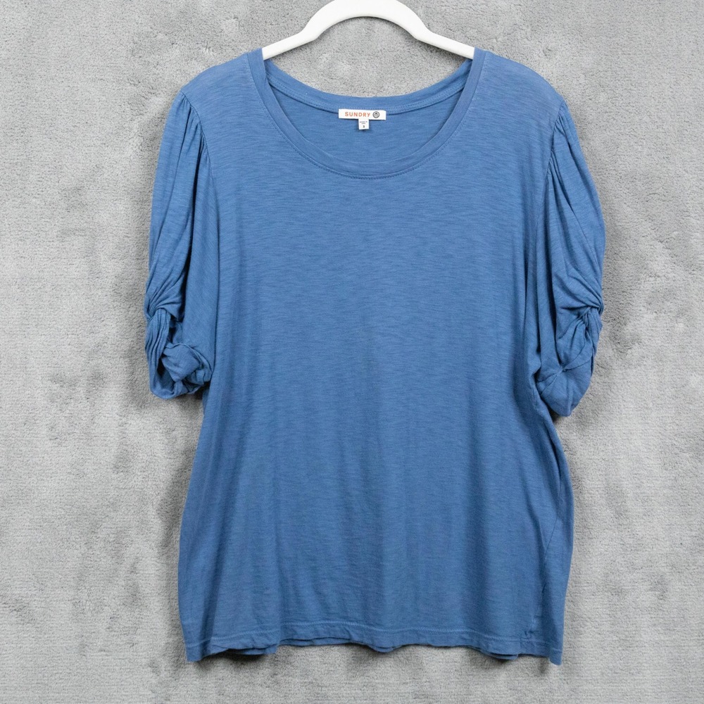 SUNDRY Twisted Puff Sleeve Slub Jersey Scoop Neck Tee Cornflower Blue Sz 3 / L